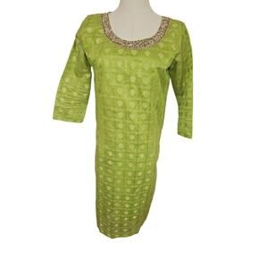 New Indian Women Lime Green Gold Muslin Beaded Printed‎ Kurta Kurti Top Tunic S